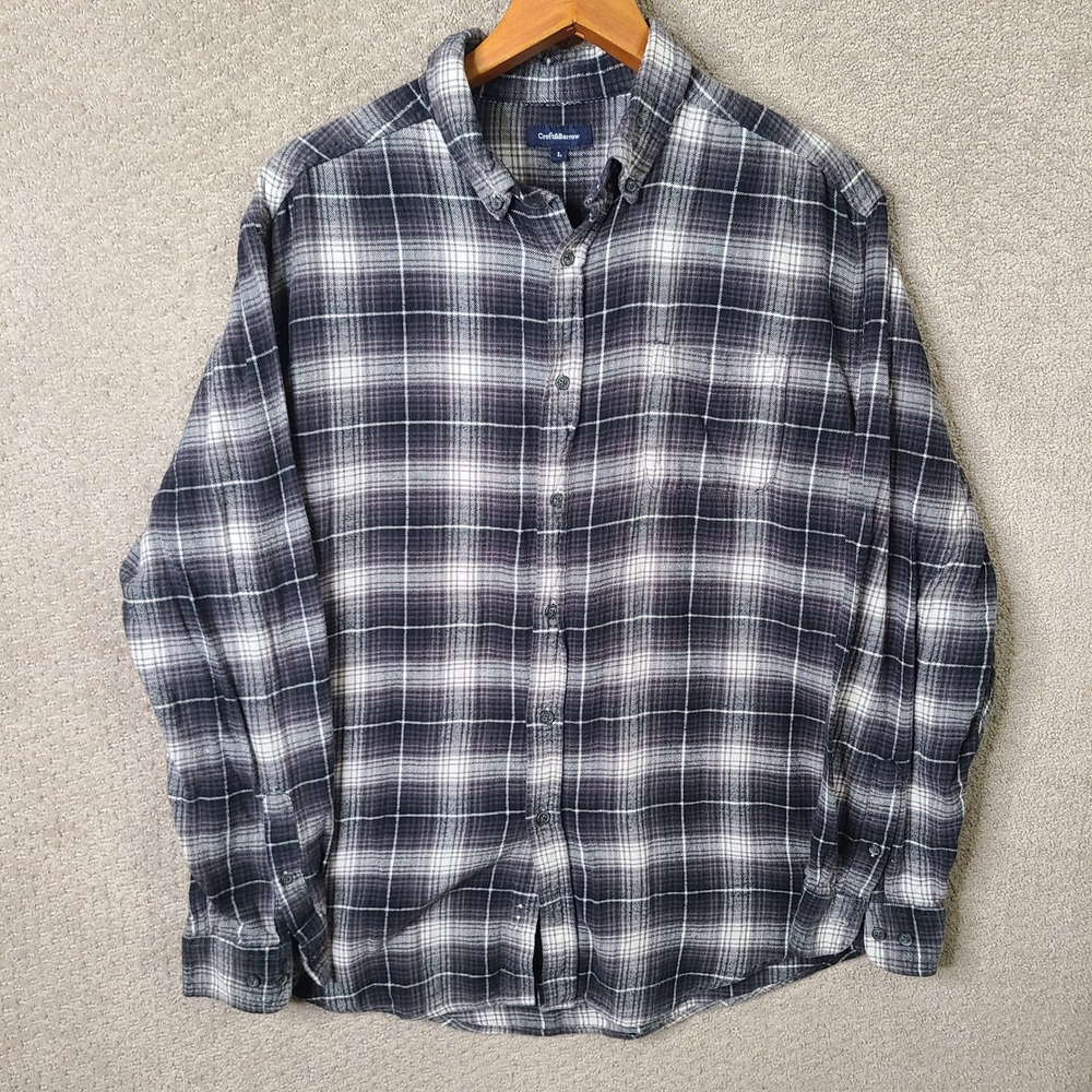 Croft & Barrow Shirt Mens L Black Gray Plaid Button Down Flannel Cotton Casual